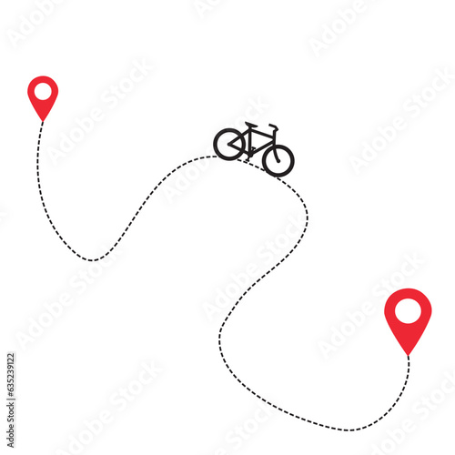 Icono de una bicicleta con punto de salida y llegada. Vista superior y de cerca. Vector. Concepto: Ruta y destino
