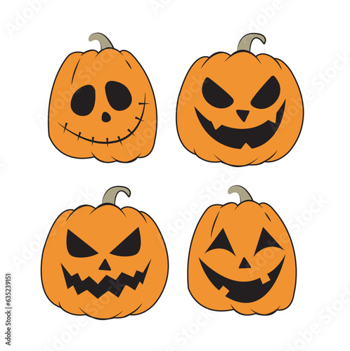 Conjunto de calabazas de halloween aisladas sobre fondo blanco. Vista de frente y de cerca