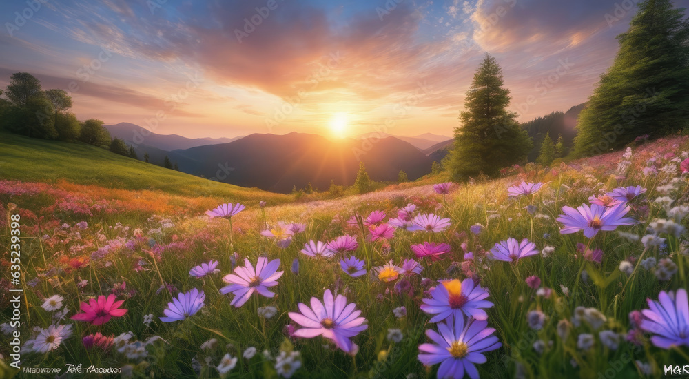 Obraz premium Vibrant Sunset over Idyllic Meadow with Wildflowers