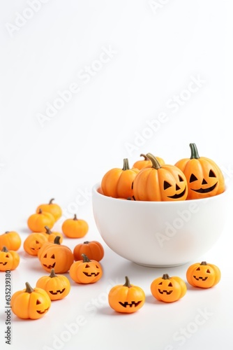 Halloween concept. scary food. mini pumpkins and monster-shaped cookies. on white background. copy space