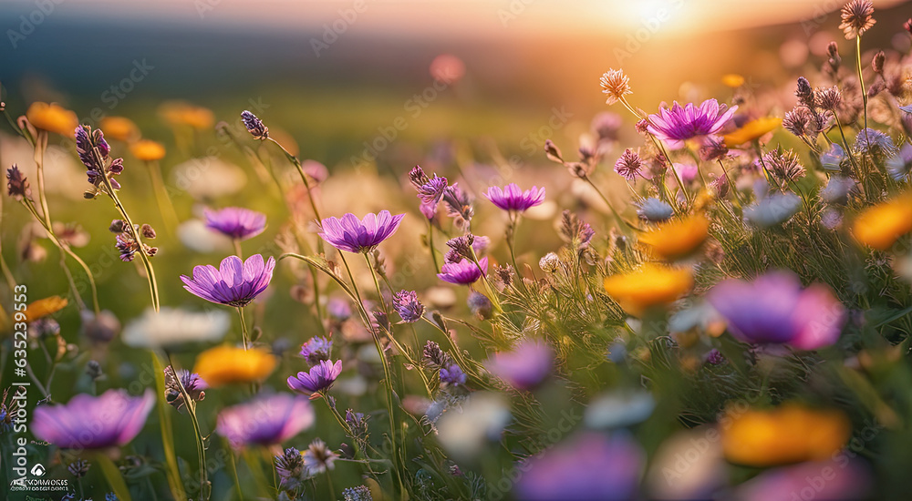 Obraz premium Vibrant Sunset over Idyllic Meadow with Wildflowers