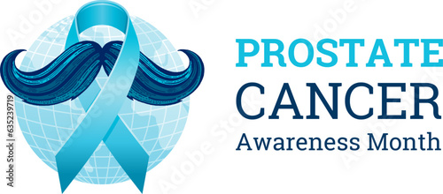 Prostate cancer awareness ribbon with moustaches. Men health logo. Man cancer prevention in November month. Blue color concept. Engraved, 3d cartoon vector illustration isolated on white background