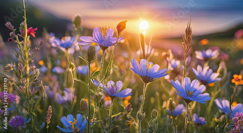 Vibrant Sunset over Idyllic Meadow with Wildflowers