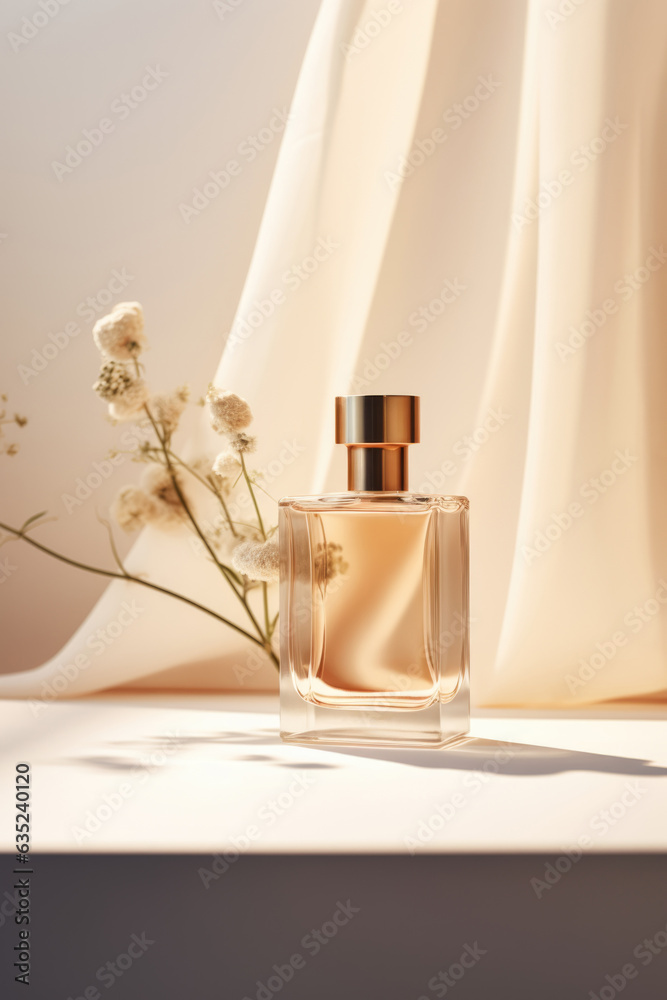 Transparent bottle of essence perfume on biege background with sunlight, flowers and dry plant. Trending concept of women's and men's essence for branding mockup. Minimal style perfumery template Transparent bottle of essence perfume on biege background with sunlight, flowers and dry plant. Trending concept of women's and men's essence for branding mockup. Minimal style perfumery template