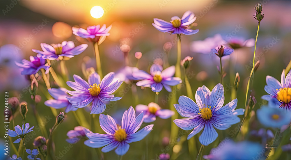 Vibrant Sunset over Idyllic Meadow with Wildflowers Vibrant Sunset over Idyllic Meadow with Wildflowers