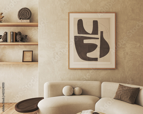 Contemporary classic white beige livingroom interior with one picture frame, wooden shelfs with books and decor. Empty stucco wall mockup. 3d rendering. High quality 3d illustration