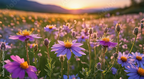 Vibrant Sunset over Idyllic Meadow with Wildflowers