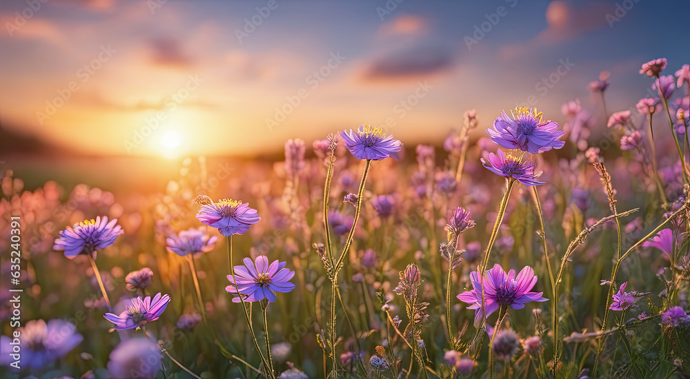 Vibrant Sunset over Idyllic Meadow with Wildflowers Vibrant Sunset over Idyllic Meadow with Wildflowers