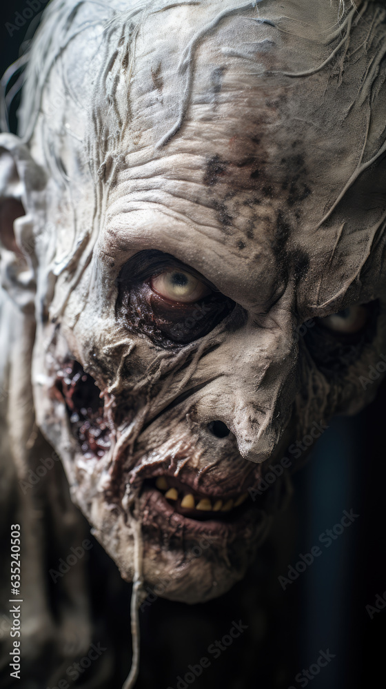 Portrait of a pale-skinned zombie with a blank stare, creature from horror and apocalypse stories.