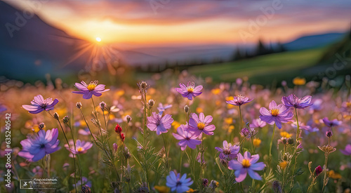 Vibrant Sunset over Idyllic Meadow with Wildflowers