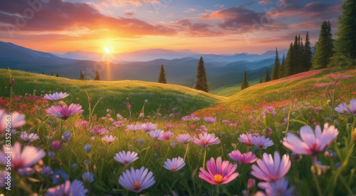 Vibrant Sunset over Idyllic Meadow with Wildflowers