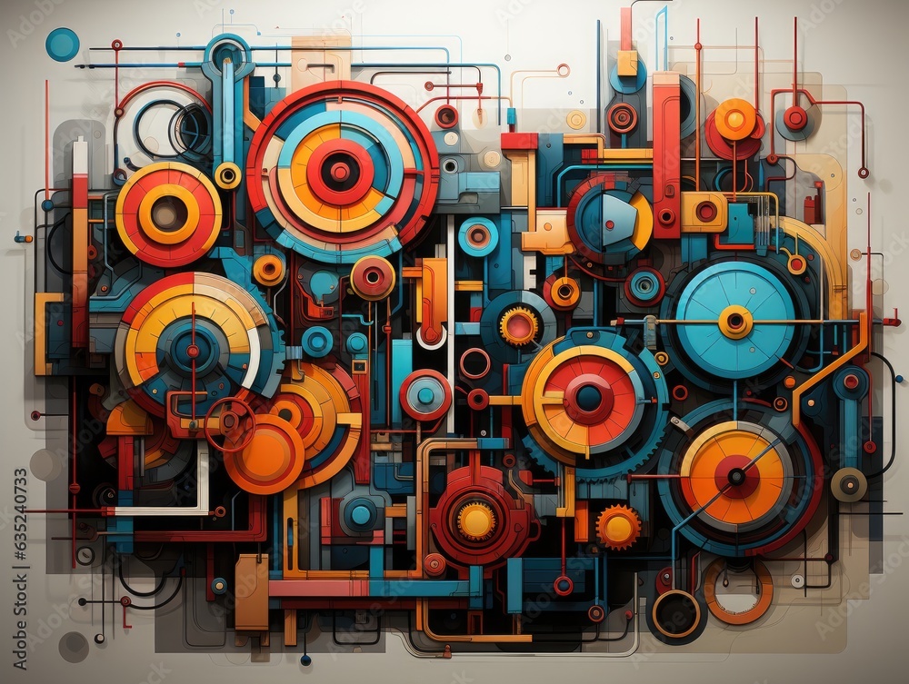 Fototapeta premium Illustration of a colorful abstract painting with overlapping circles and vibrant patterns. Generative AI