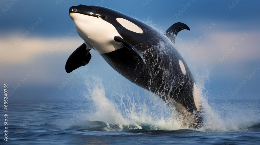 Fototapeta premium A magnificent killer whale jumping in drops of spray over the blue sea surface. AI Generative.
