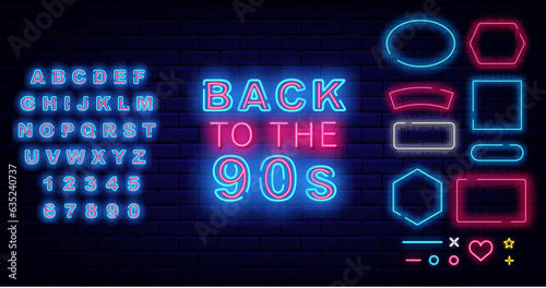 Back to the 90s neon sign. Party celebration. Geometric frames collection. Holiday concept. Vector stock illustration