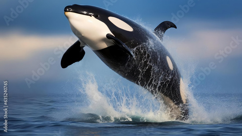A magnificent killer whale jumping in drops of spray over the blue sea surface. AI Generative. © Miry Haval