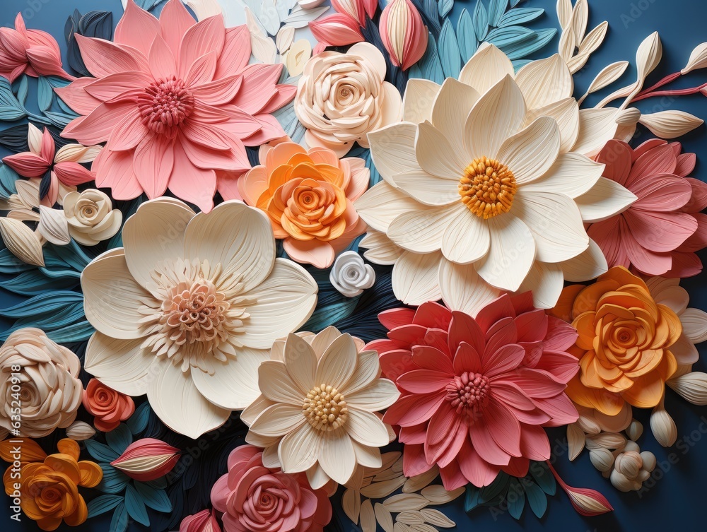 Illustration of a colorful arrangement of paper flowers on a vibrant blue backdrop. Generative AI Illustration of a colorful arrangement of paper flowers on a vibrant blue backdrop. Generative AI
