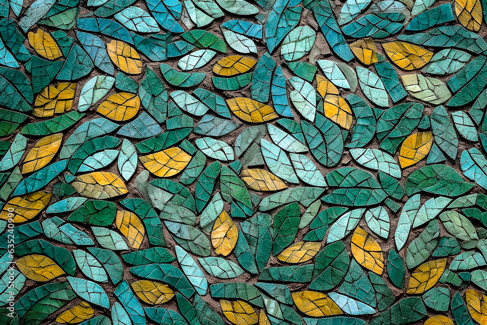 Mosaïque ancienne avec feuilles vertes - Générative IA