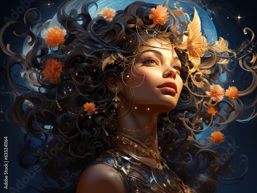 Illustration of a beautiful painting of a woman adorned with flowers in her hair. Generative AI
