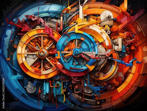 Illustration of a vibrant and intricate clock painting filled with an array of gears and colors. Generative AI