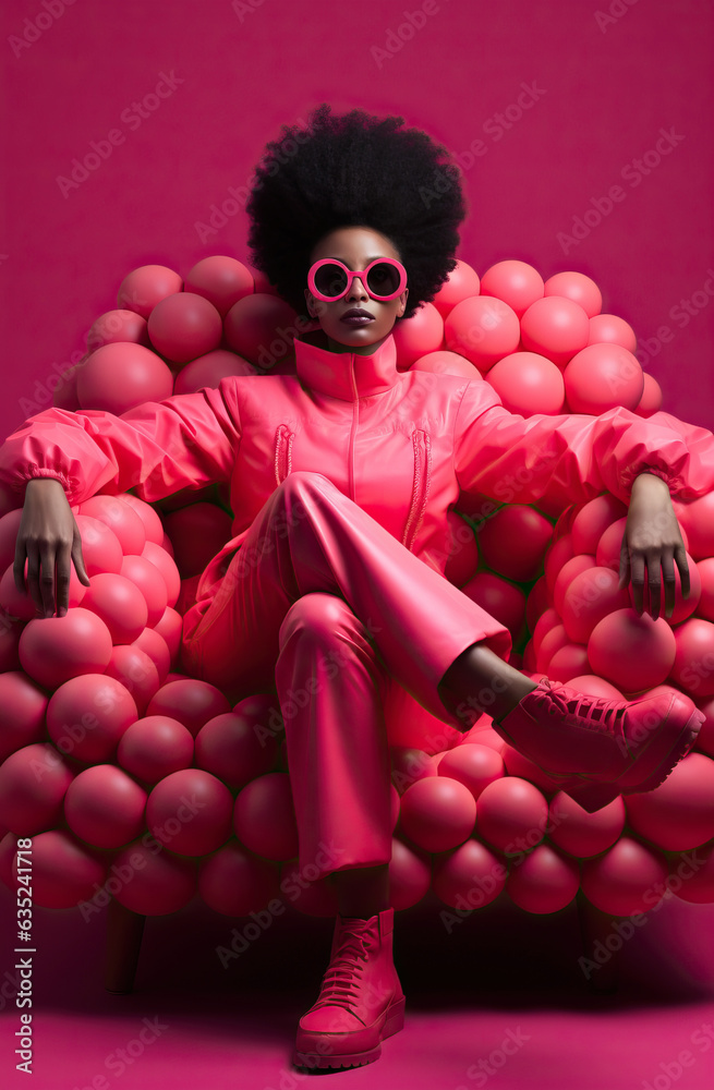 a woman sitting on a pink couch, in the style of afro-caribbean influence a woman sitting on a pink couch, in the style of afro-caribbean influence