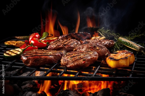 Assorted delicious grilled meat with vegetables over the coals on a barbecue
