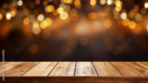 Empty wooden table top and bokeh lights blurred background of street cafe and beer pub. High quality photo