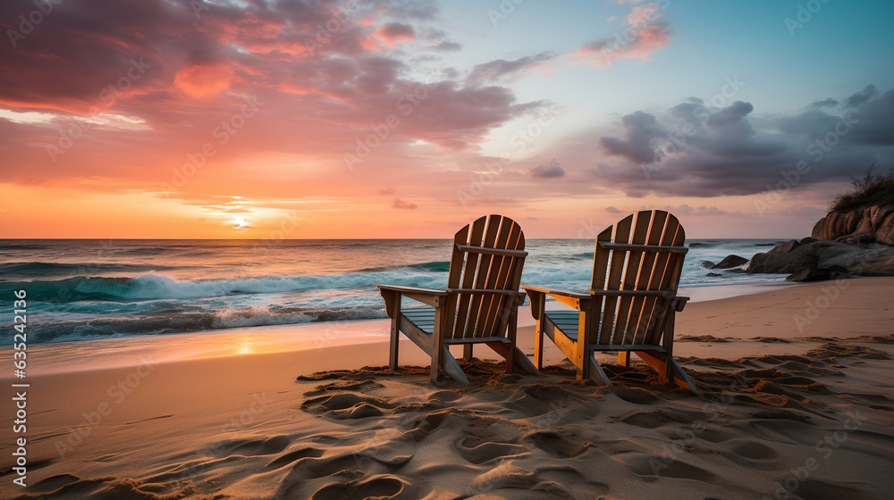 Chairs on the beach during sunset, generative ai