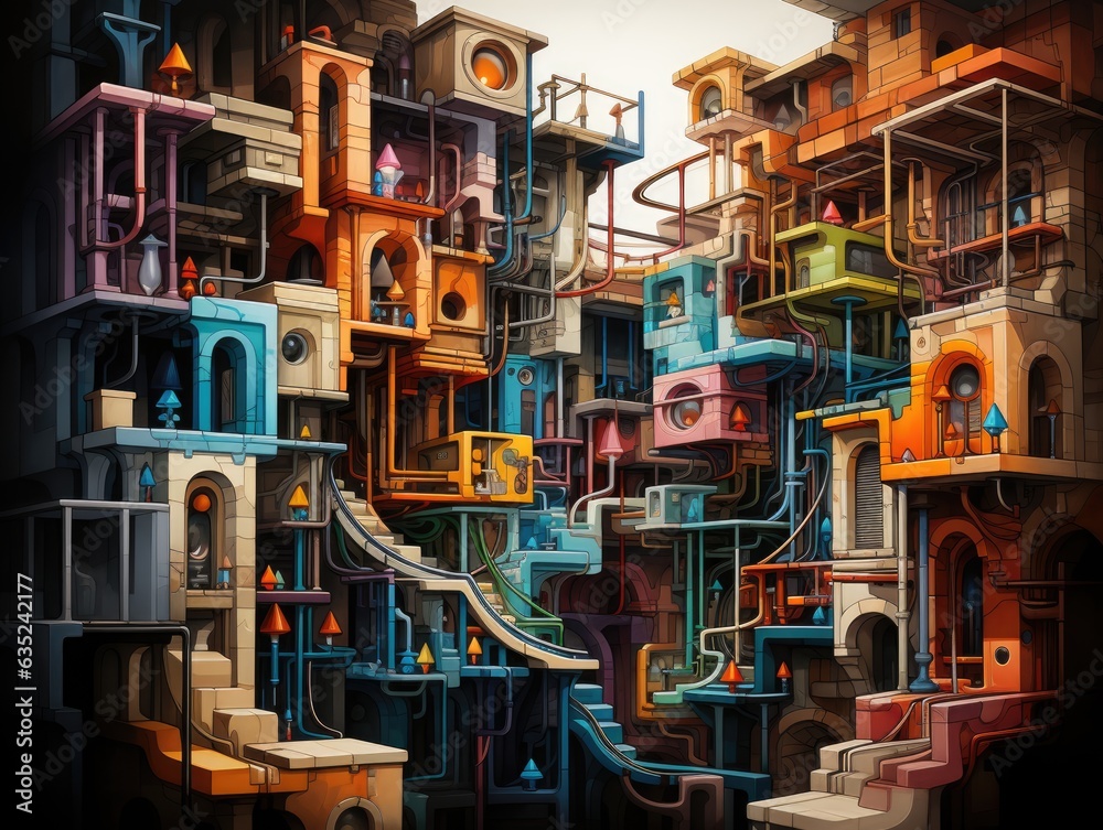 Naklejka premium Illustration of a vibrant and colorful cityscape with buildings of various hues. Generative AI