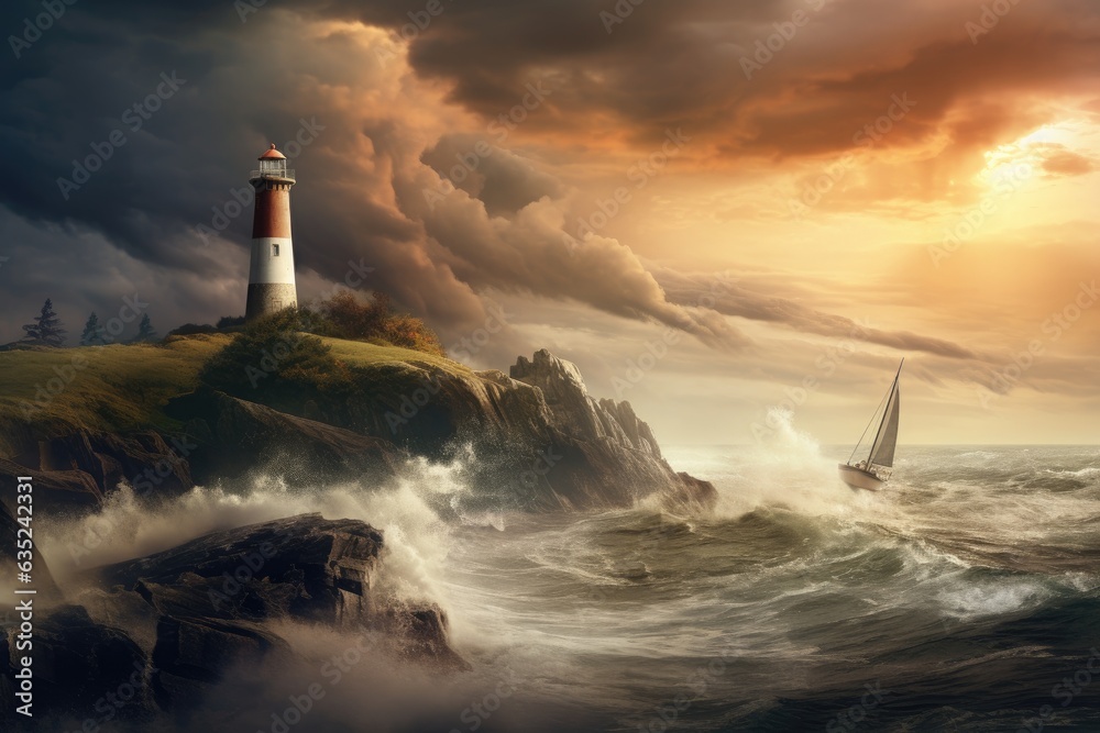 Sailboat arriving to the coast under a storm, close to a lighthouse.