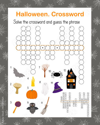 Halloween seasonal crossword activities, word search puzzle, autumn fall holidays vector illustration printable worksheet for kids, educational or leisure game, seasonal topical English vocabulary