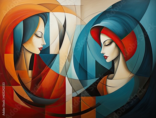 Illustration of two women facing each other in a captivating painting. Generative AI