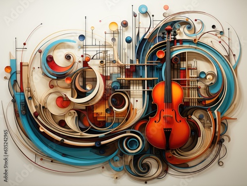 Illustration of a vibrant painting capturing the essence of music with a violin and swirling music notes. Generative AI