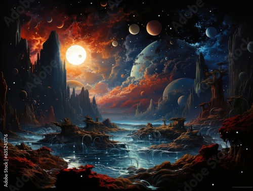 Illustration of a celestial landscape painting with planets and stars. Generative AI