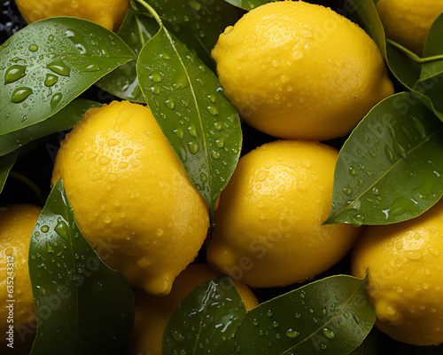 Fresh Yellow Lemons with Droplets of Water and Leafs, Close-Up