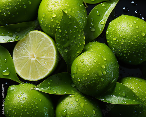 Fresh Green Limes with Droplets of Water and Leafs, Close-Up