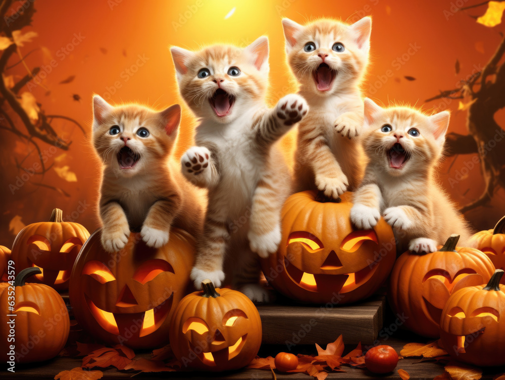 A pile of enthralled kittens jumping around a pumpkin patch with a vivid orange background.. Halloween background A pile of enthralled kittens jumping around a pumpkin patch with a vivid orange background.. Halloween background