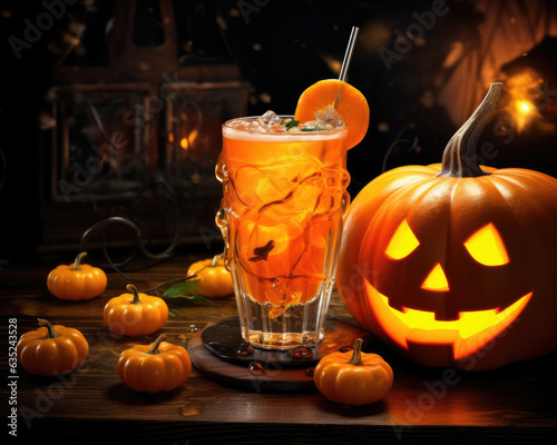 Flickering Lights of JackoLanterns on a Halloween Night Surrounding a Spooky Pumpkin Cocktail Shaker. Halloween background