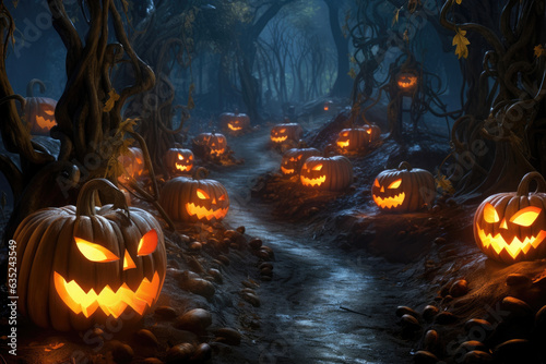A gourd graveyard of flickering jackolanterns. Halloween background