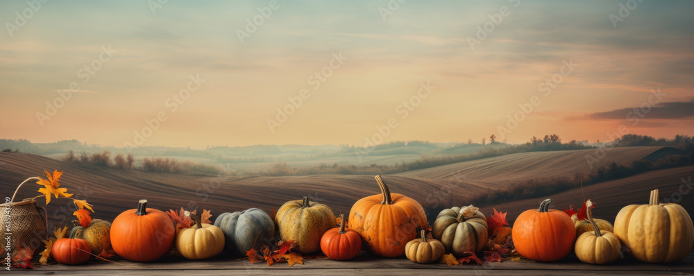An old wooden table surrounded by pumpkins of all sizes in the foreground and an autumn landscape in the background with blazing orange. Halloween background
