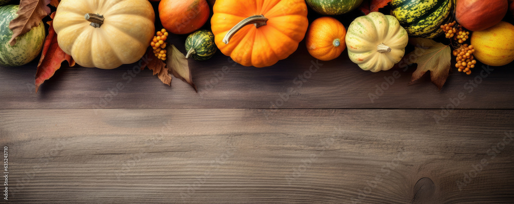 A rough wooden table with an assortment of pumpkins autumn leaves and acorns in the foreground and a picturesque autumn sunset in. Halloween background A rough wooden table with an assortment of pumpkins autumn leaves and acorns in the foreground and a picturesque autumn sunset in. Halloween background