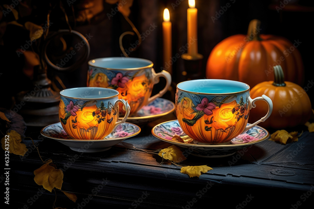 A Setting of Anomalous Orange and Yellow Pumpkins Sitting Comfortably on an Eerily Glowing Teacup Set. Halloween background A Setting of Anomalous Orange and Yellow Pumpkins Sitting Comfortably on an Eerily Glowing Teacup Set. Halloween background