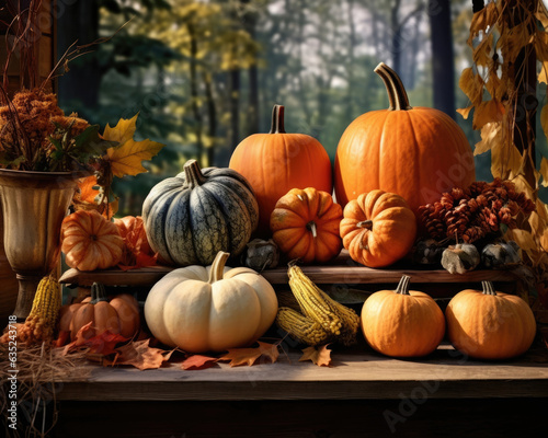 A rustic wooden table with an array of differentsized pumpkins tered around the table surrounded by autumn leaves and acorns on a. Halloween background