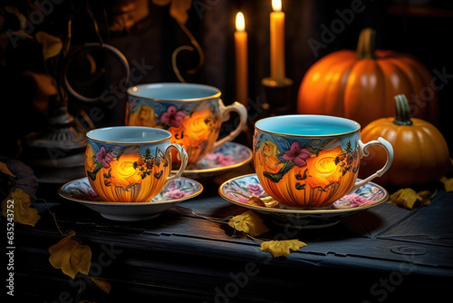 A Setting of Anomalous Orange and Yellow Pumpkins Sitting Comfortably on an Eerily Glowing Teacup Set. Halloween background