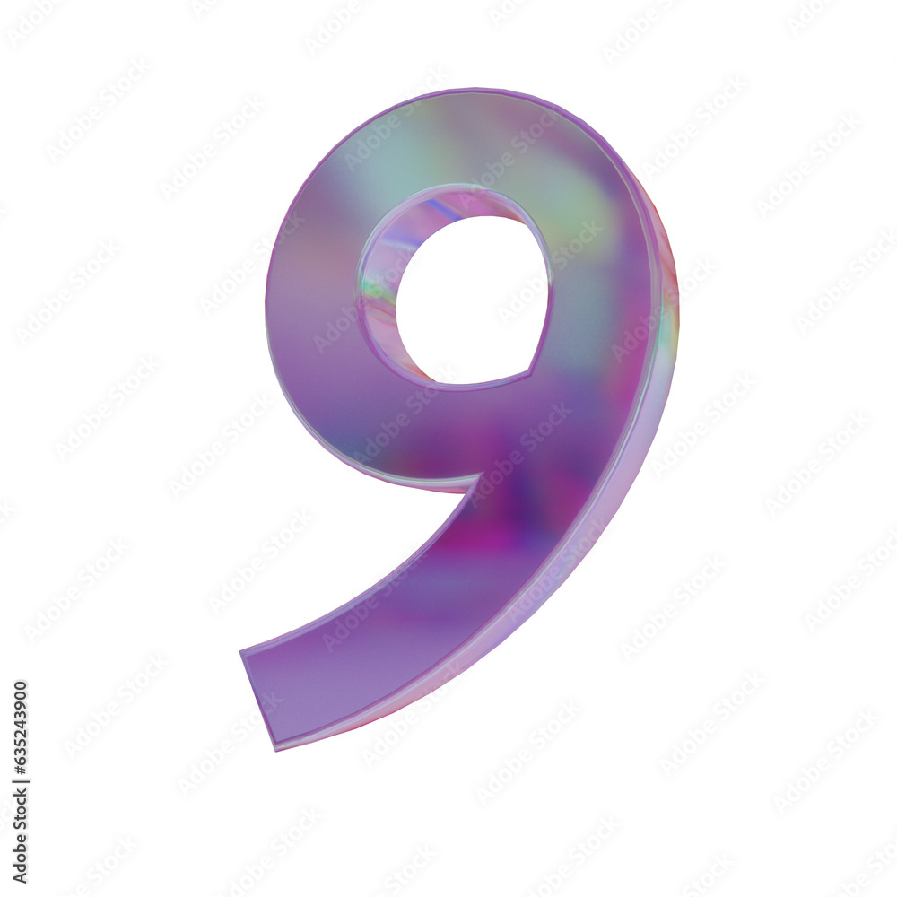 Pink rainbow dispersion Glass number 9 on a black background. 3D render. 3D Illustration Pink rainbow dispersion Glass number 9 on a black background. 3D render. 3D Illustration