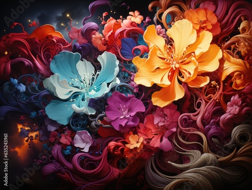Fototapeta Naklejka Na Ścianę i Meble -  Illustration of a colorful bouquet of flowers against a dark backdrop. Generative AI