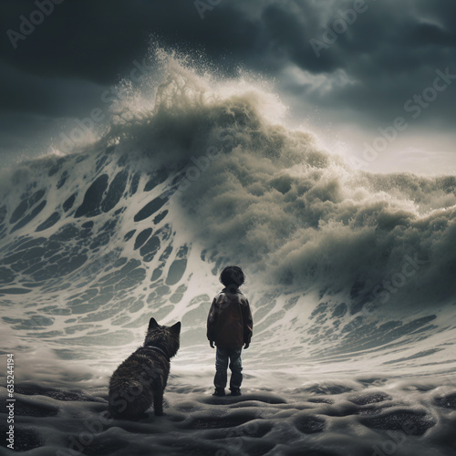 AI-generated illustration of a touching scene of a boy and his loyal dog friend watching a humongous wave. The storm is crashing around them, testing an unbreakable connection between friends.	 photo
