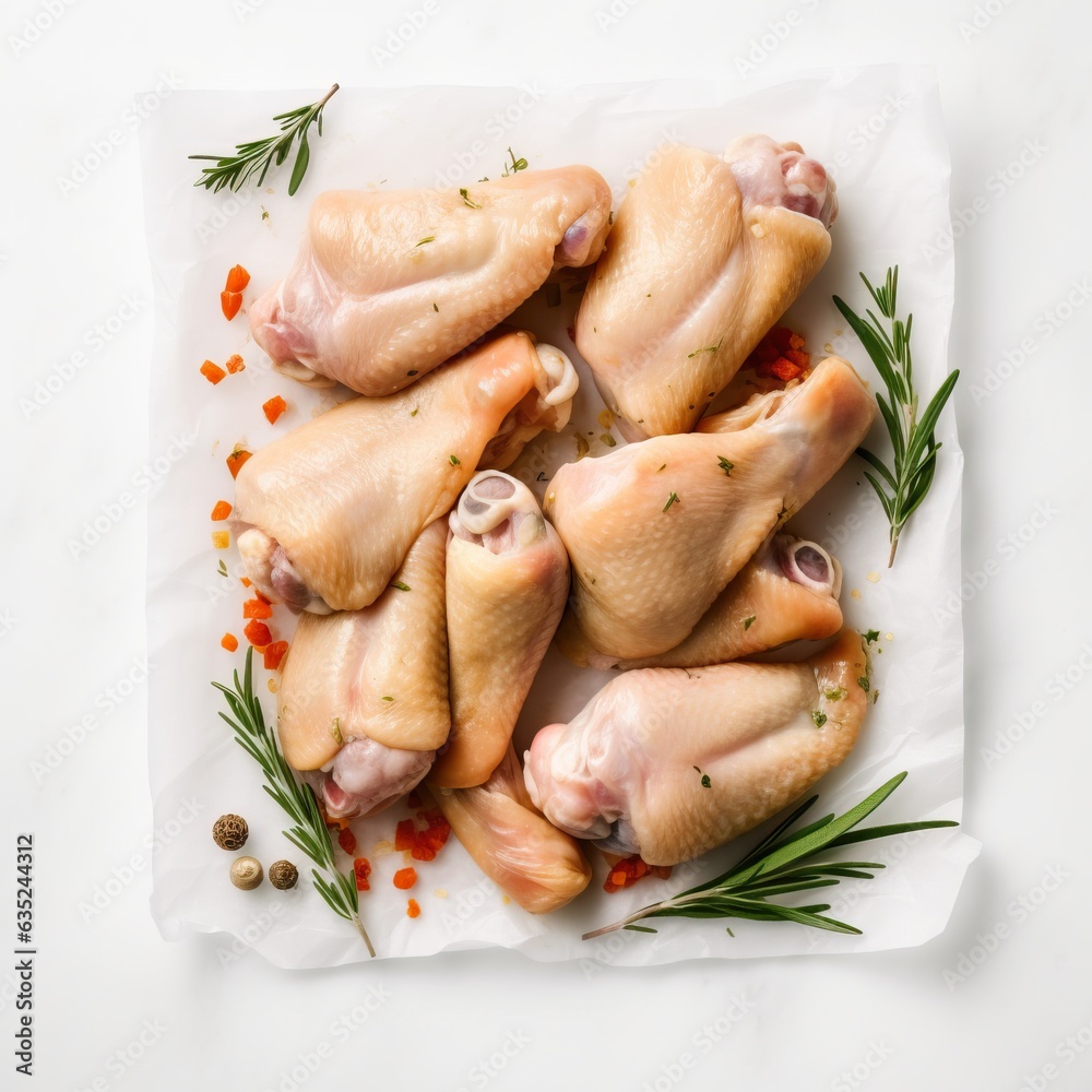 Raw chicken wings with spices and herbs. Top view, isolated on white Raw chicken wings with spices and herbs. Top view, isolated on white