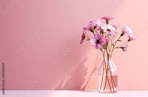 beautiful pink with white daisies arranged in large clear vase  in the style of minimalism