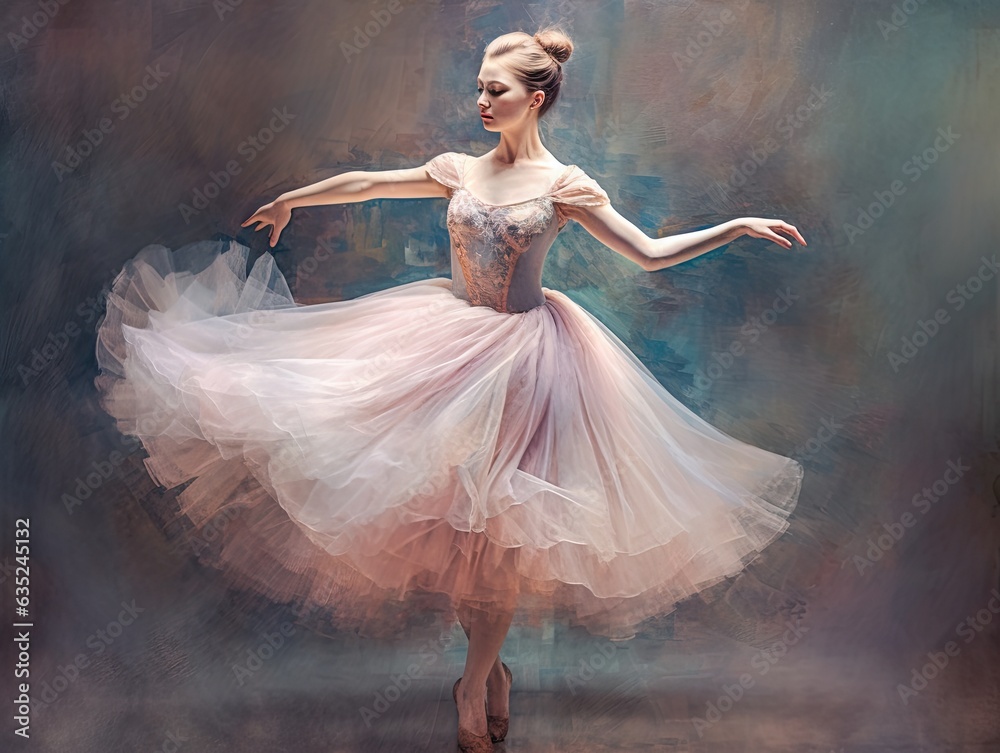 Fototapeta premium Illustration of a graceful ballerina wearing a pink dress, captured in a stunning painting. Generative AI
