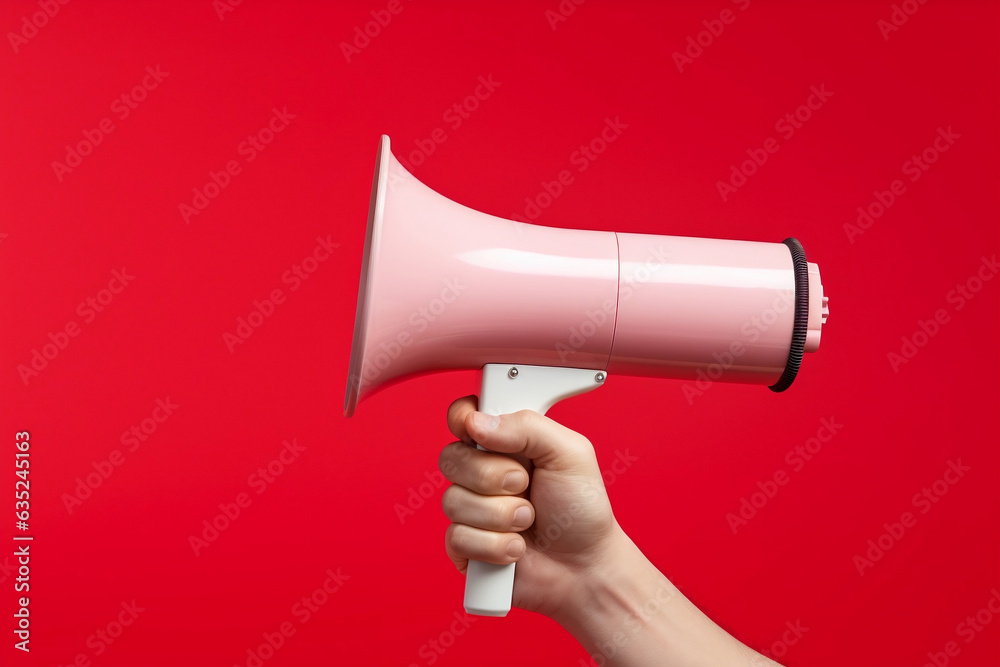 A short handheld white megaphone isolated on a red background
